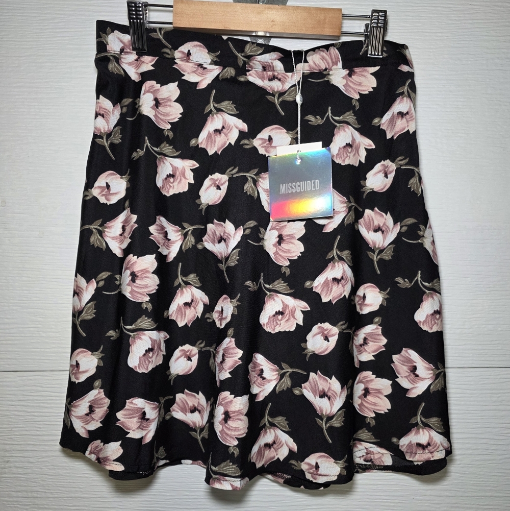 NWT Missguided Black Skater Skirt with Pink Floral Print